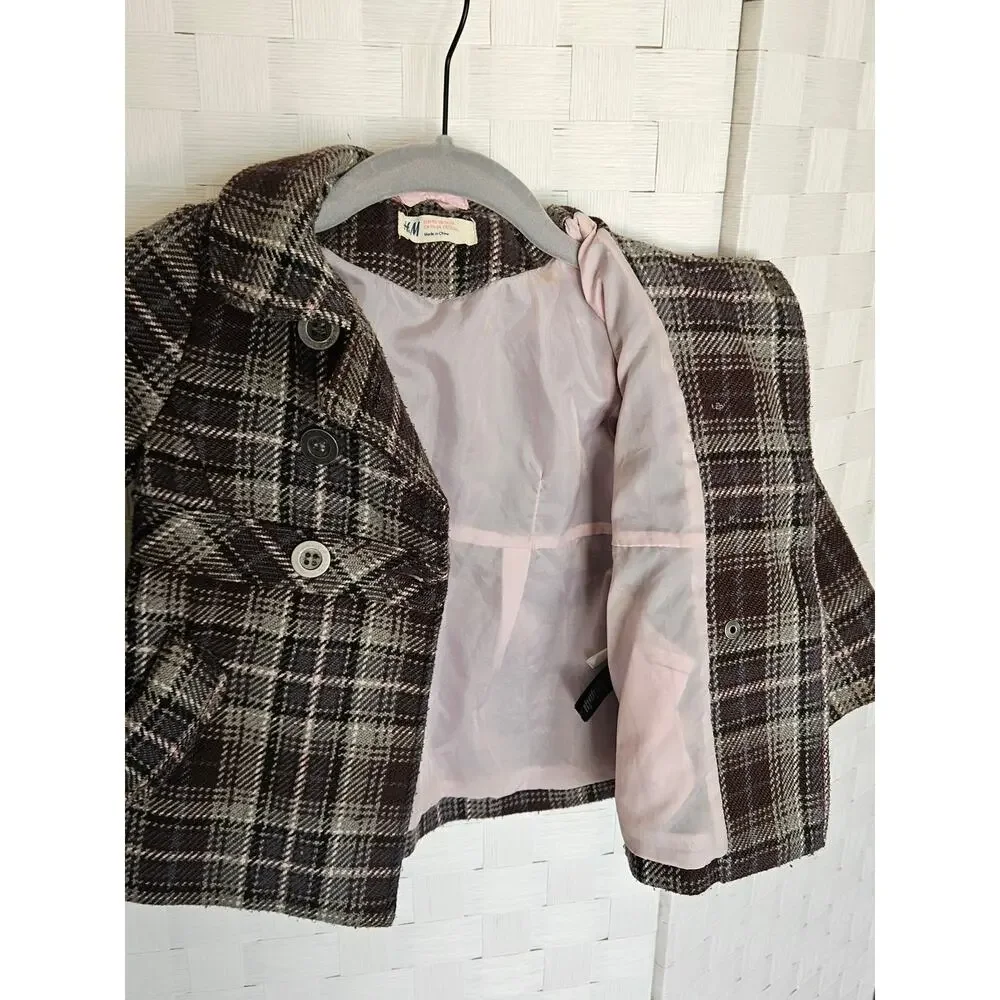 Vintage H&M Toddler Girls Gray & Pink Plaid Double-Breasted Peacoat.